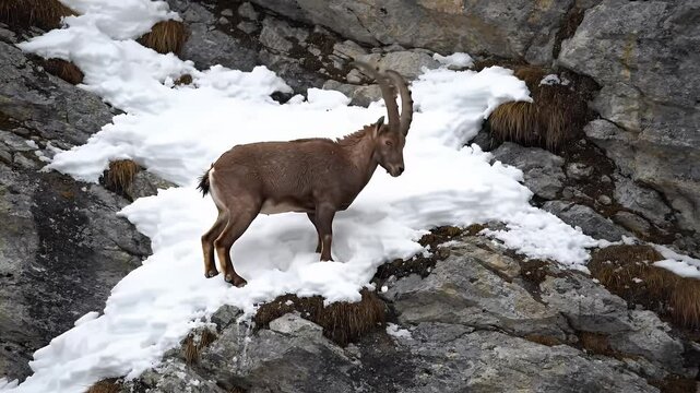 Brown Ibex Descending Steep Rocky Mountain Terrain Covered with Snow