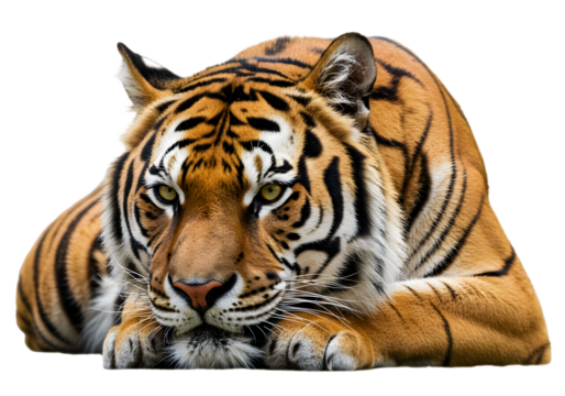 Isolated Portrait of a Lying Tiger with Transparent Background