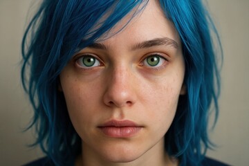 Fototapeta premium A portrait of youthful determination, captured in a close-up shot that highlights the vibrant blue hair and striking green eyes