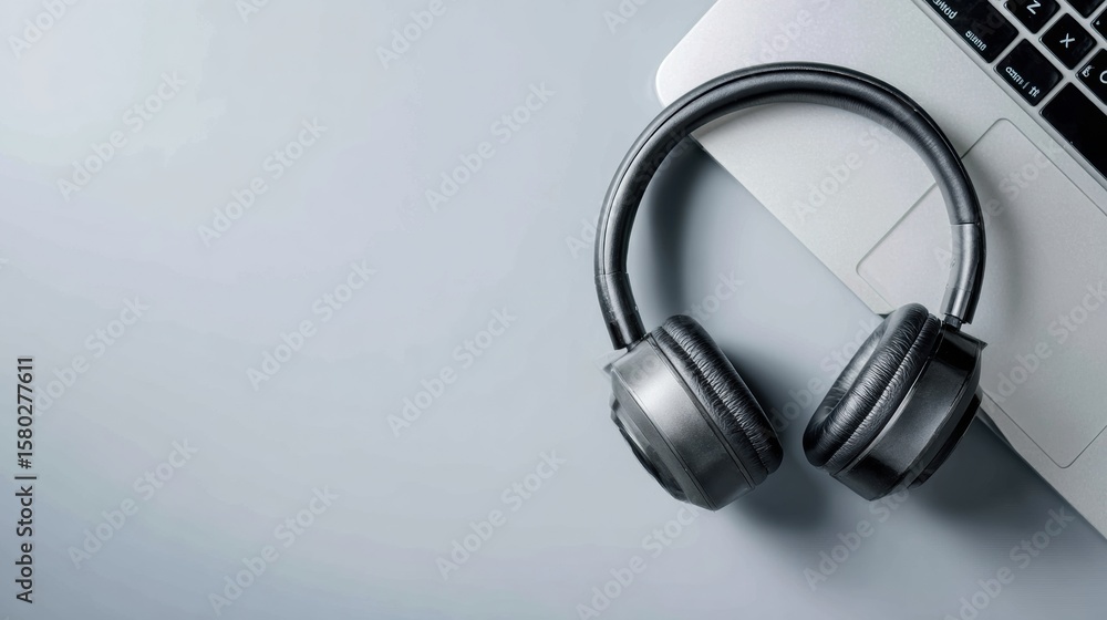 Poster headphones resting on a notebook symbolize the act of listening in a minimalistic setting with ample