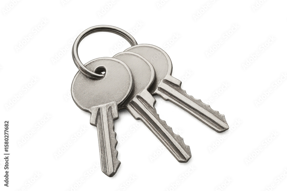 Poster classic house keys attached to a metal key ring on a transparent background, ready for use in securi