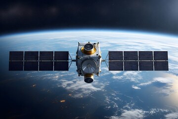 Cutting-edge space technology satellite with solar panels over planet Earth