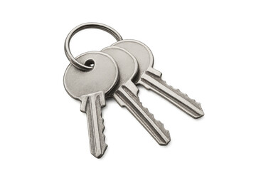 Classic house keys attached to a metal key ring on a transparent background, ready for use in security and access concepts