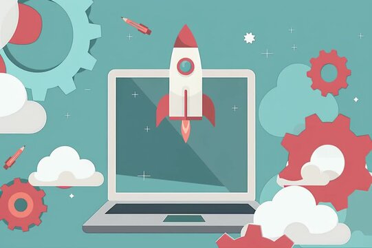 Animated Startup Launch Vector with Rocket and Laptop Concept