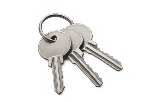 Classic house keys attached to a metal key ring on a transparent background, ready for use in security and access concepts