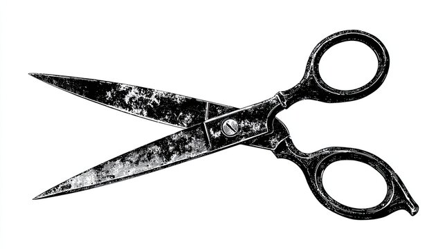 Engraving sketch of vintage scissors with open blades and textured handles in retro black and white style