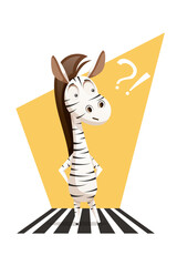 A surprised zebra stands at a pedestrian crossing