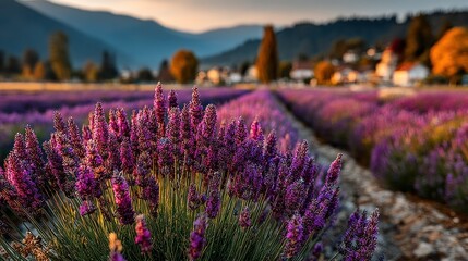 Lavender fields in full bloom at sunset with mountain backdrop and countryside village in autumn colors Generative AI