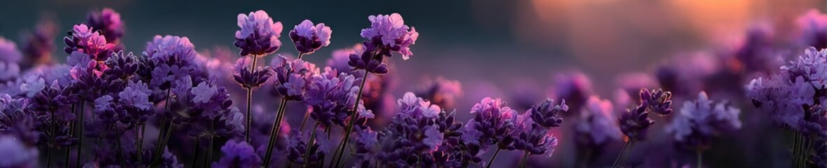 Lavender flowers glowing in warm sunset light with soft focus and dreamy purple tones across a peaceful field Generative AI