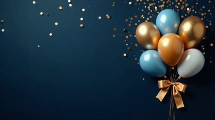 A bouquet of balloons in golden and blue hues, adorned with a golden bow, set against a deep blue background.