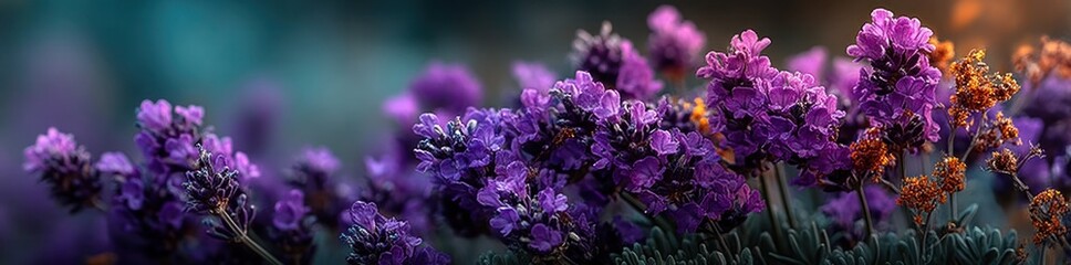 Lavender flowers glowing in warm sunset light with soft focus and dreamy purple tones across a peaceful field Generative AI