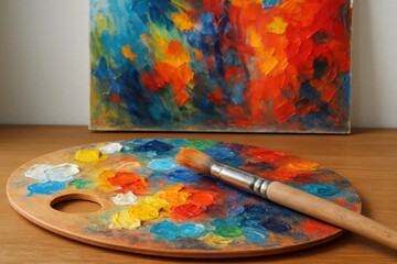 Obraz premium An artist's palette and paintbrush rest on a wooden surface, ready to create vibrant masterpieces