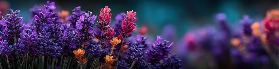 Lavender flowers glowing in warm sunset light with soft focus and dreamy purple tones across a peaceful field Generative AI