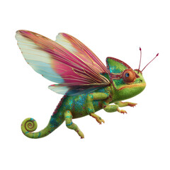 Obraz premium A whical green chameleon with iridescent butterfly wings and spiral tail floats on a white background, showcasing nature's unique fantasy creature.