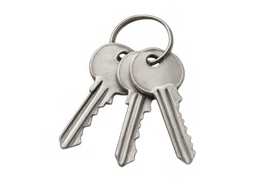 Keys hanging from a keyring on a transparent background, representing security, access, and ownership