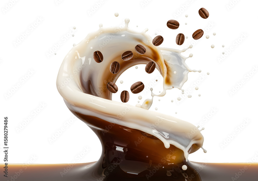 Poster dynamic coffee splash with falling beans on transparent background
