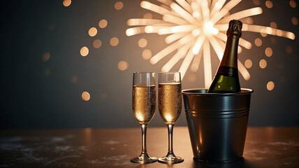 Tasteful celebration, pair of glasses, and bottle in bucket under illuminated background.