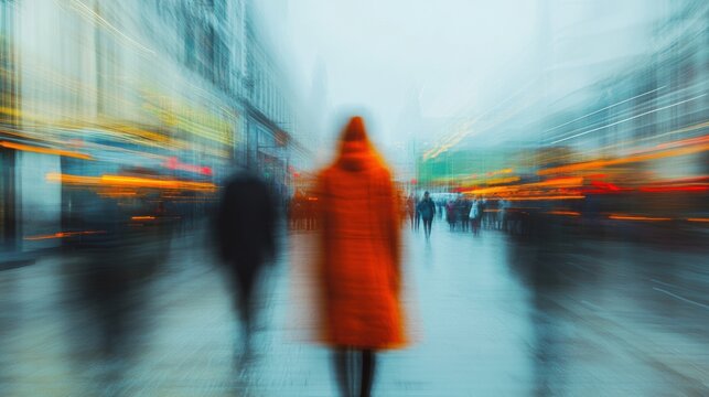 Urban street scene with figure in orange coat amidst blurred pedestrians