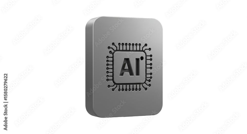 Poster silver ai chip 3d rendering shows artificial intelligence technology future