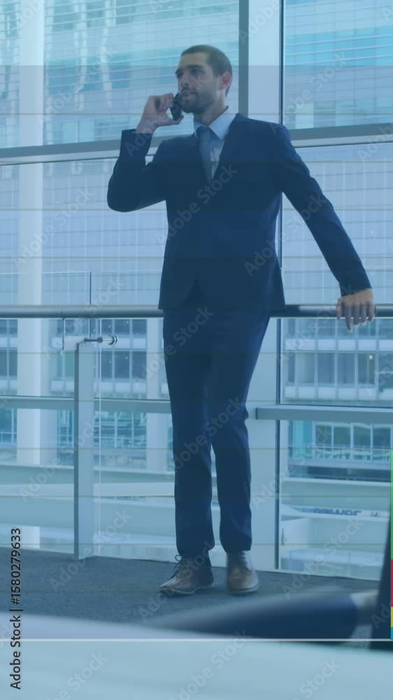 Poster animation of bar graph over man standing against glass window and talking on cellphone