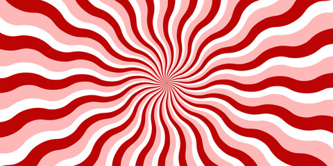 Vibrant red, pink and white hypnotic swirl background with wavy sunburst lines. Retro psychedelic pattern for posters, packaging, party themes, or holiday designs. Eye-catching abstract art © Viktoriia