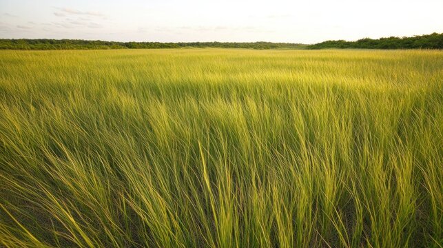 Photo of a vast field of tall green grass swaying in the wind under a bright sky