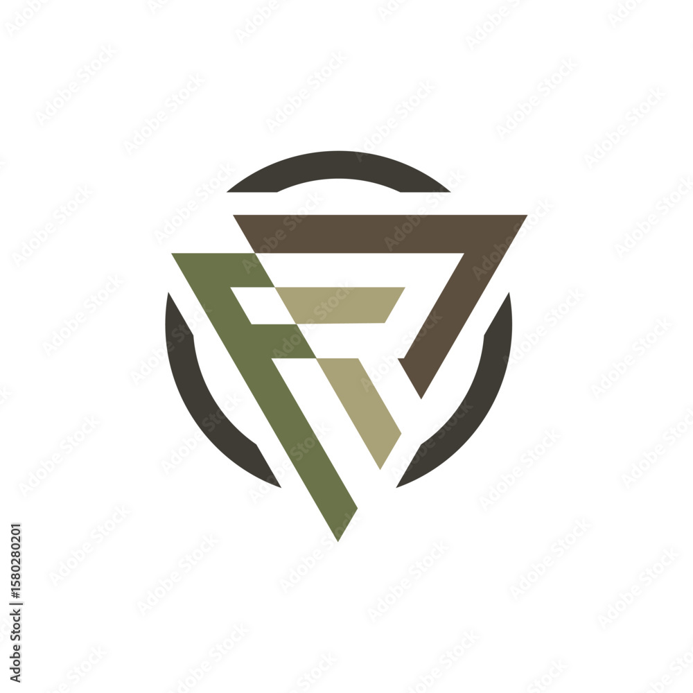 Poster a triangular logo combining the stylized letters 'f' and 'r' within a circular ring. the letters are