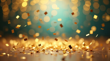 Golden confetti dances against a luminous, serene backdrop.