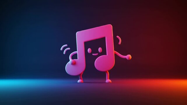 Playful animated music note character dancing joyfully against a colorful gradient background