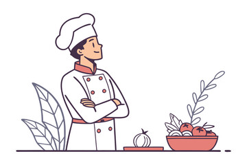 A cheerful chef in a white uniform stands with arms crossed looking to the side with a bowl of fresh ingredients
