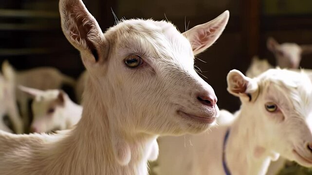 Close Up of Curious White Baby Goat with Large Eyes in Soft Lighting and Blurred Barn Backdrop