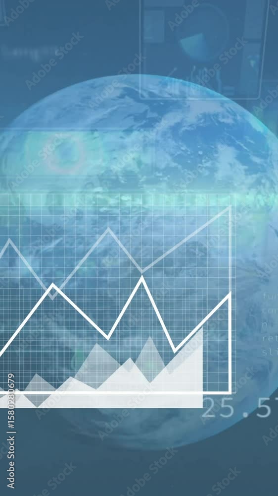 Poster animation of digital media icons and charts processing data over globe on blue background