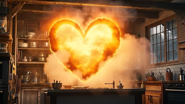 Fiery heart shape explosion in a rustic kitchen