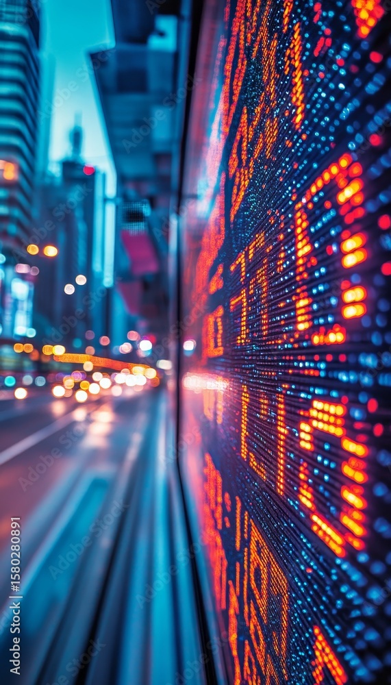 Poster dynamic stock ticker display with bold numbers over cityscape featuring financial charts