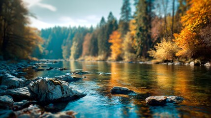Obraz premium Blurred scenic forest and calm river on bright sunny autumn day