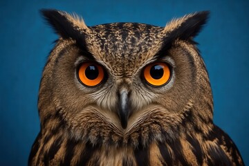 Obraz premium Amidst the tranquil blue of twilight, a wise owl gazes with an unblinking intensity, its piercing orange eyes reflecting the fading light