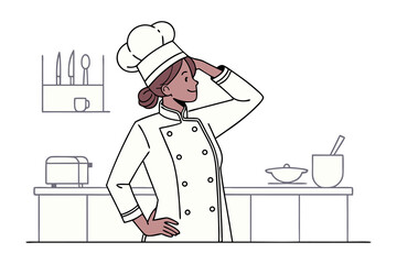 Smiling female chef in uniform adjusts toque in a modern kitchen with cooking utensils and appliances