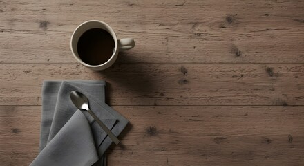 Overhead shot of a mug with dark liquid, a folded gray napkin, and a spoon on a rustic wooden surface.