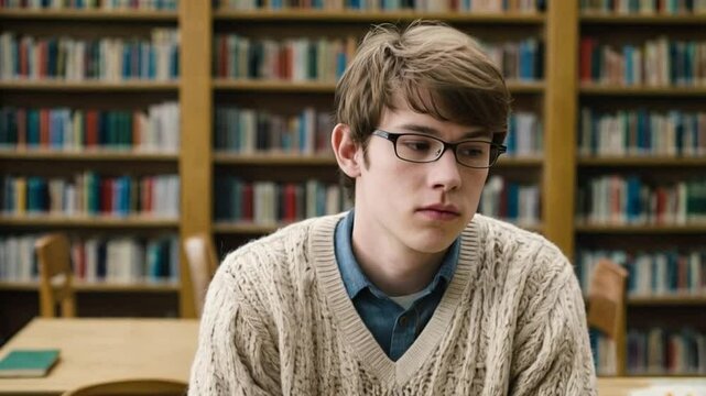 Scared student in glasses sitting alone in library among bookshelves