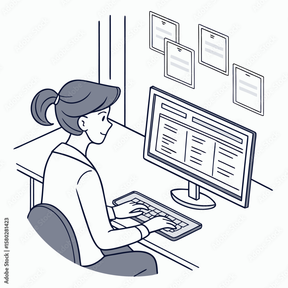 Poster a woman with a ponytail sits at a desk and types on a computer keyboard with documents pinned to the