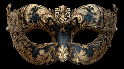 Ornate venetian mask with gold filigree and dark background in a detailed close up view