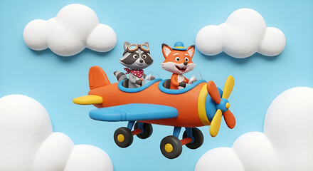 A raccoon and a fox in a double-seat toy airplane, clay sky with cotton clouds cartoon illustration