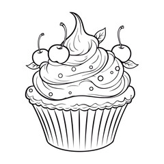 A black and white drawing of a cupcake coloring page illustration.