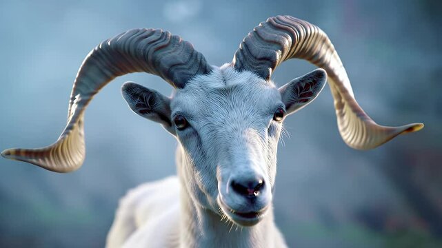 Close Up Portrait of a White Dall Sheep with Curved Horns in Natural Light