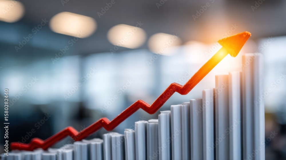Poster ascending graph: a dynamic image of a financial graph soaring upwards, with a vivid red arrow illust