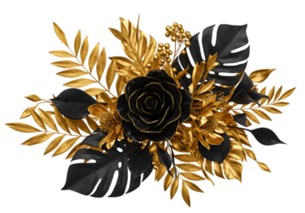 Elegant Floral Arrangement with Gold and Black Leaves Illustration