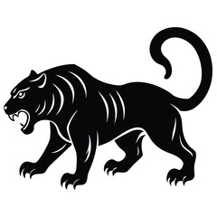 Obraz premium Black Panther Silhouette With Curved Tail and Open Mouth Growling on White