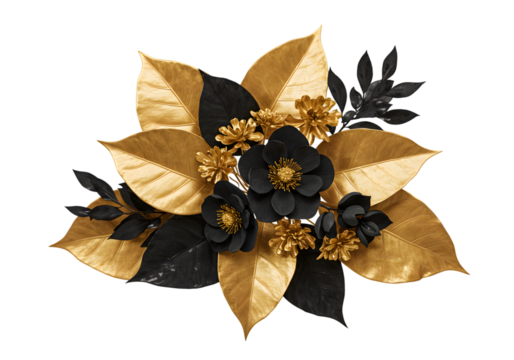 Elegant Floral Arrangement with Golden Leaves and Black Flowers Transparent - Powered by Adobe