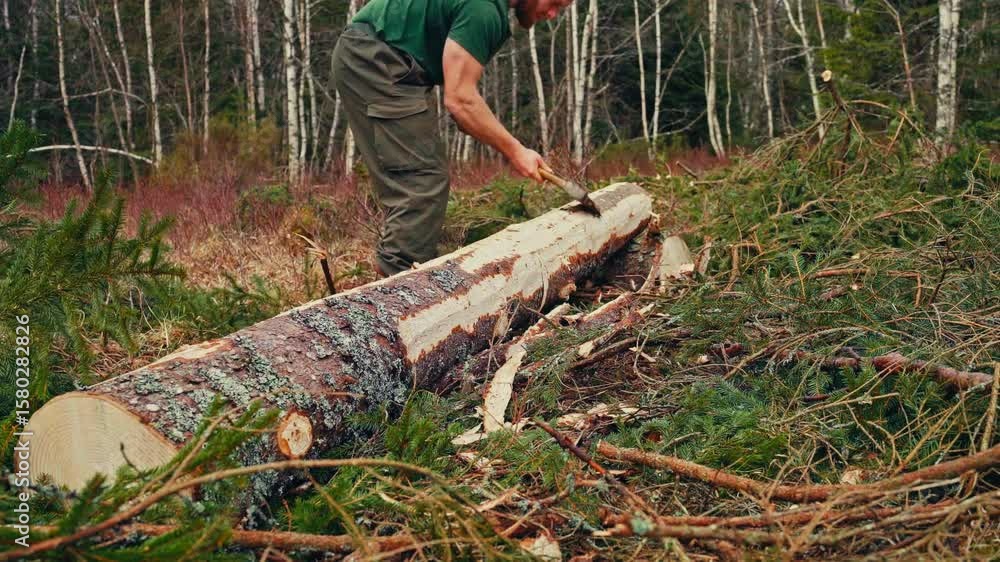 Aufkleber timelapse of man removing bark from the tree trunk