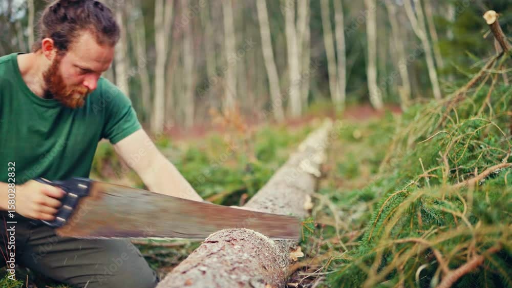 Poster man cutting tree trunk using a saw - close up